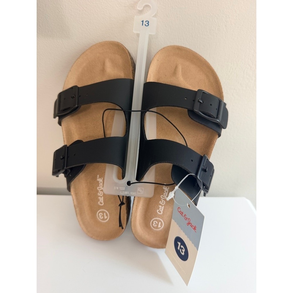 Cat & Jack‎ Sandals Kids Size 13 Black Double Buckle Footbed Slides NWT